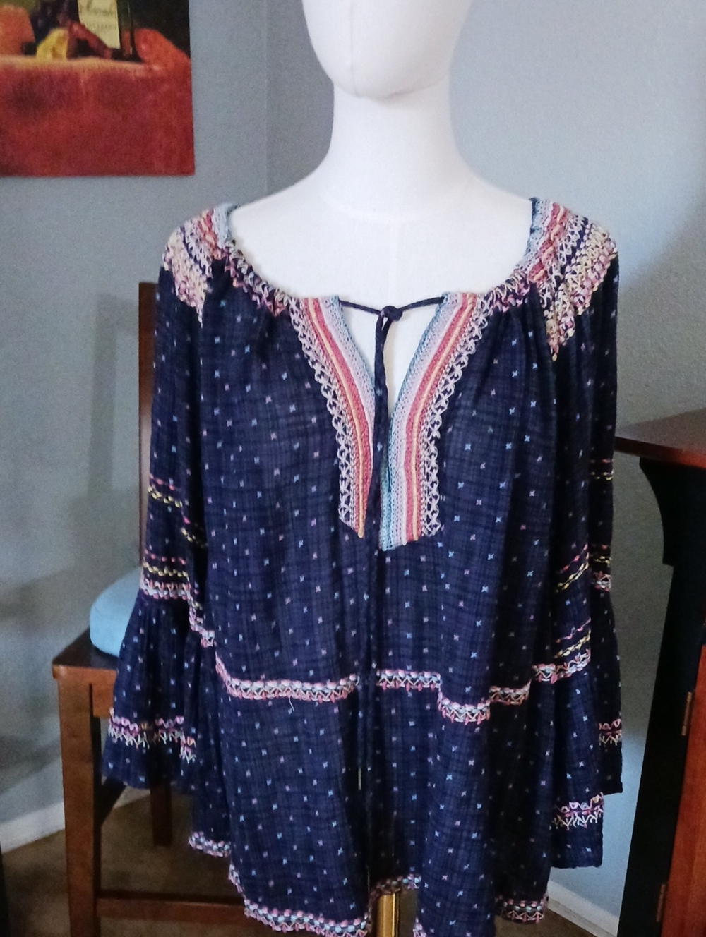 Free People "Talia Embroidered Blouse" Peasant Navy Tunic with Multicolor Trim